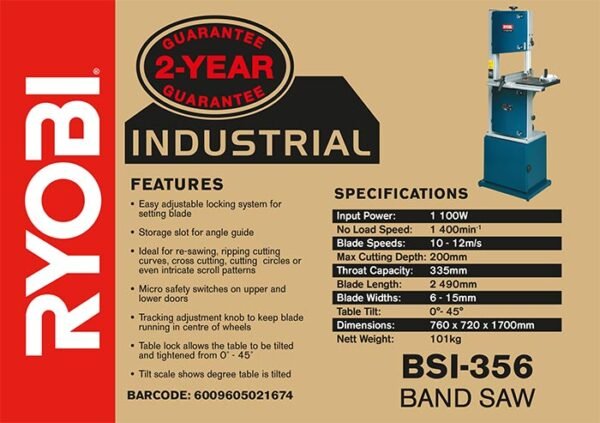 Ryobi 1100W 355mm Wood Cutting Band Saw (BSI-356)