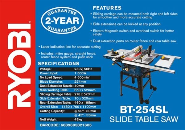 Ryobi 1500W 254mm Slide Table Saw (BT-254SL)