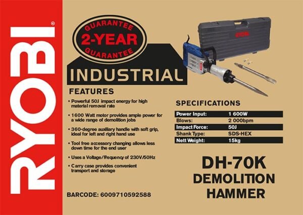 Ryobi 1600W Demolition Hammer SDS-Hex (DH-70K)