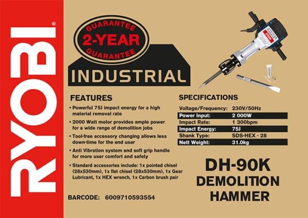 Ryobi 2000W Demolition Hammer SDS-Hex (DH-90K)