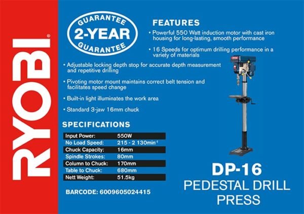 Ryobi 550W 16mm Pedestal Drill Press (DP-16)