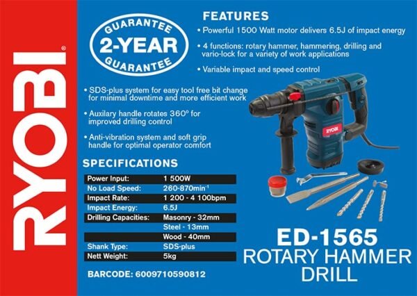 Ryobi 1500W Rotary Hammer Drill with SDS-PLUS Shank (ED-1565)
