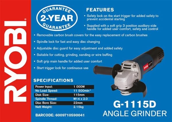 Ryobi 1000W 115mm Angle Grinder With Deadman Switch (G-1115D)