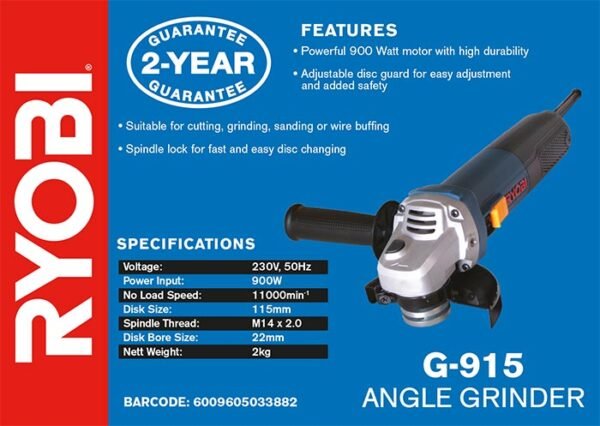 Ryobi 900W 115mm Angle Grinder (G-915)
