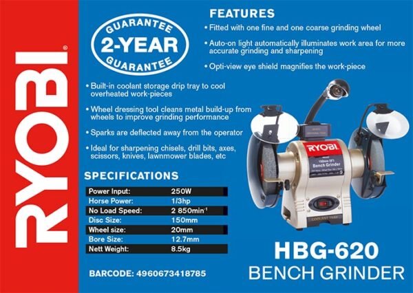 Ryobi 250W 150mm Bench Grinder with Work Light and Wheel Dresser (HBG-620)