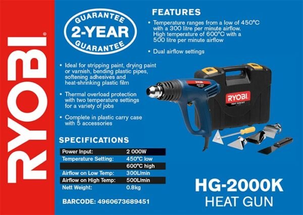 Ryobi 2000W 2-Speed Heat Gun – 6PC Accessory Kit (HG-2000K)
