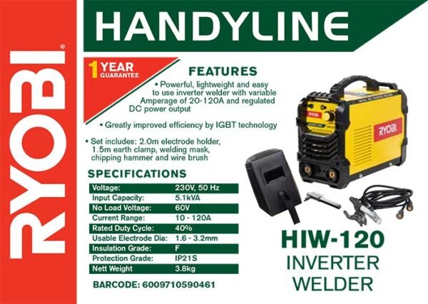 Ryobi Handyline 120Amp Metal Arc Inverter Welder (HIW-120)
