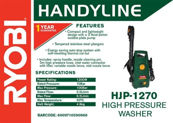 Ryobi Handyline 1200W 100 BAR High Pressure Washer (HJP-1270)