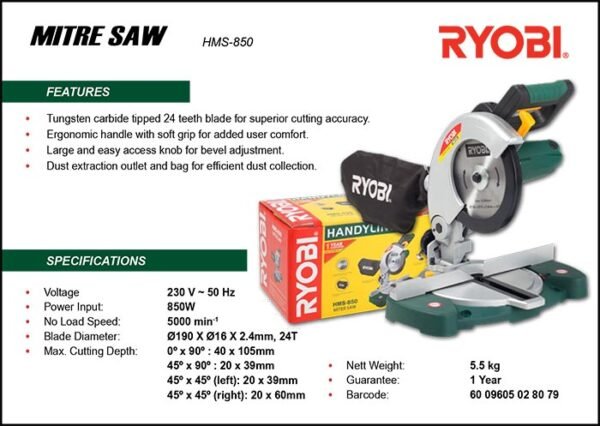 Ryobi Handyline 850W 190mm Mitre Saw (HMS-850)