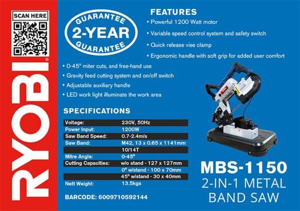 Ryobi 1200W 2-in-1 Metal Band Saw (MBS-1150)