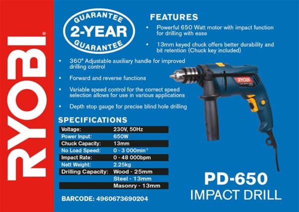 Ryobi 650W 13mm Impact Drill (PD-652)