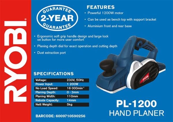 Ryobi 1200W 110mm Hand Planer (PL-1200)