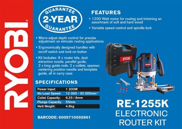Ryobi 1200W Router with 6 Bits and Carry Case (RE-1255K)