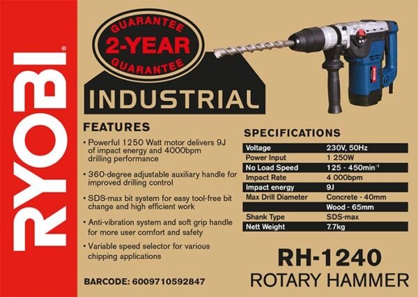 Ryobi 1250W 40mm Rotary Hammer Drill (RH-1240)