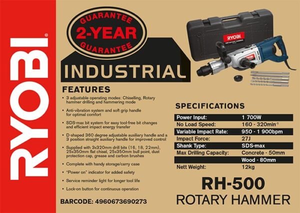 Ryobi 1700W Rotary Hammer + Breaker SDS-Max (RH-500)
